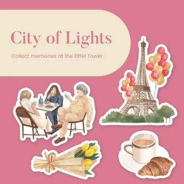 Sticker template with Eifel in Paris lover concept,watercolor style Stock-Illustration