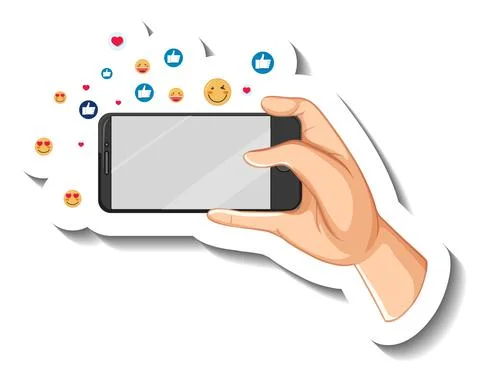 A sticker template of hand holding smart phone with social emoji icon 스톡 일러스트
