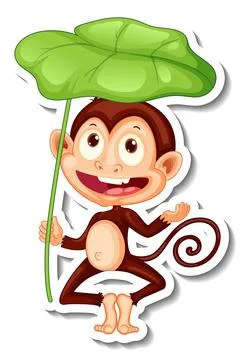 Sticker template with a monkey holding a leaf on white background 스톡 일러스트