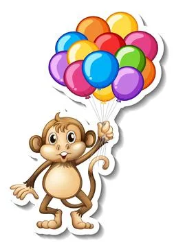 Sticker template with a monkey holding many balloons Stock Illustration