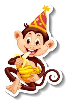 A sticker template with a monkey wearing party hat Stock Illustration