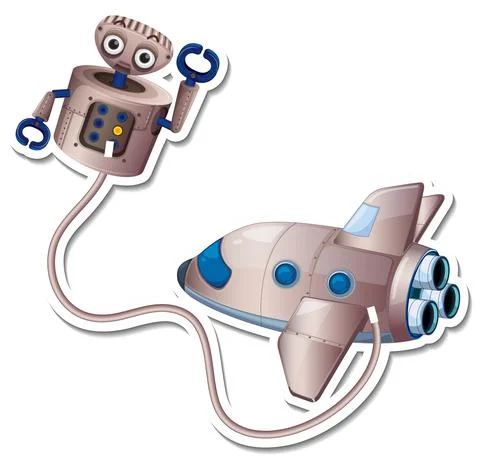 A sticker template with plane and robot isolated Illustrazione stock