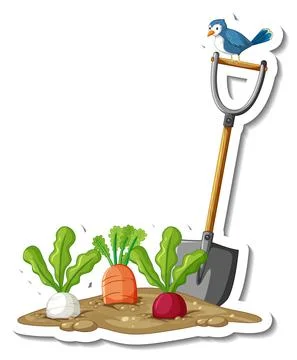 Sticker template with root vegetables and shovel isolated Stock Illustration