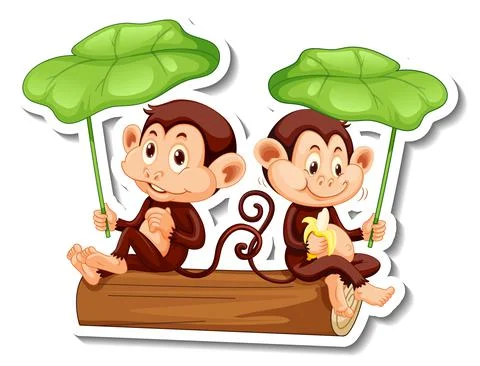 Sticker template with two monkeys holding a leaf on white background Stock Illustration