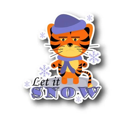 Sticker tiger boy with  Let it snow text on white background. Stock Illustration