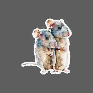 Sticker of Two small mouse friends watercolor Stock Illustration