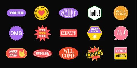 Sticker Vector Pack retro badge cool happy label icon. Sticker patch set design Stock Illustration