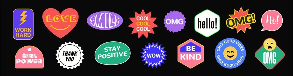Sticker Vector Pack retro badge cool happy label icon. Sticker patch set design Stock Illustration