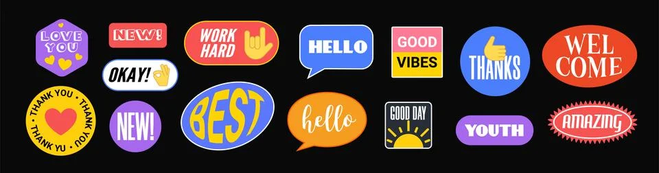 Sticker Vector Pack retro badge cool happy label icon. Sticker patch set design Stock Illustration