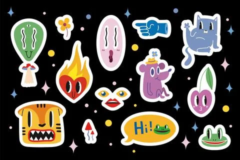 Stickerpack with various funny comic cute characters and doodles such as ti.. Stock Illustration