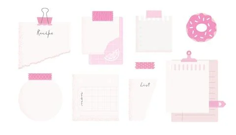 Stickers, note papers, planner doodles vector illustrations collection. Pink Stock Illustration