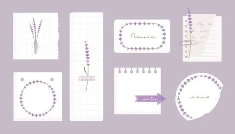 Stickers, note papers, planner doodles vector illustrations with lavender design Illustrazione stock