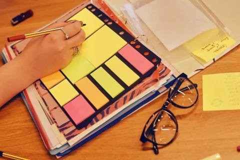 Stickers, notes, notebook, glasses. Stock Photos