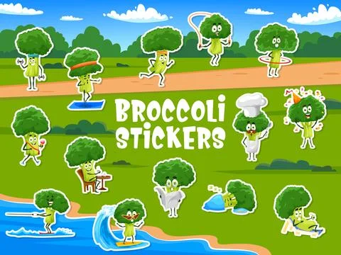 Stickers pack of broccoli vegetable activities Stock Illustration