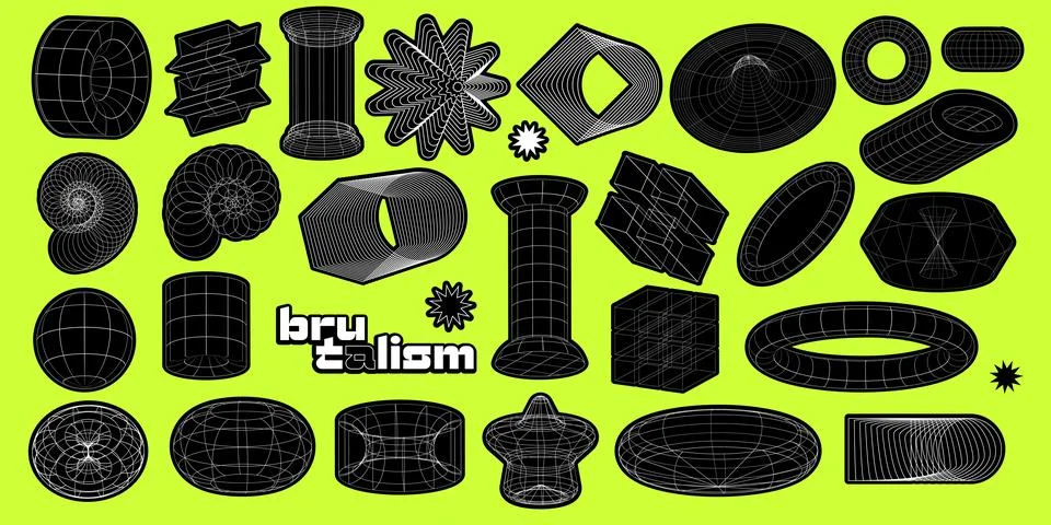 Stickers pack with different linear brutalism form. Set of strange geometric Stock Illustration