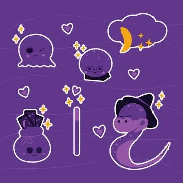 Stickers set of cute magic characters in trendy mystical purple hues. Vector Illustrazione stock
