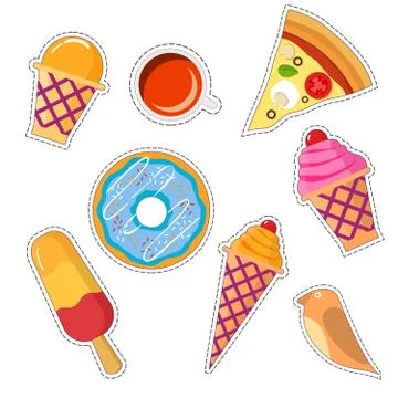 Stickers set of food patch in pop art style in 80s-90s.Vector badges and pins Illustrazione stock