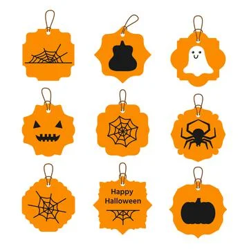 Stickers set with spider, cobweb, pumpkin, ghost Stock Illustration