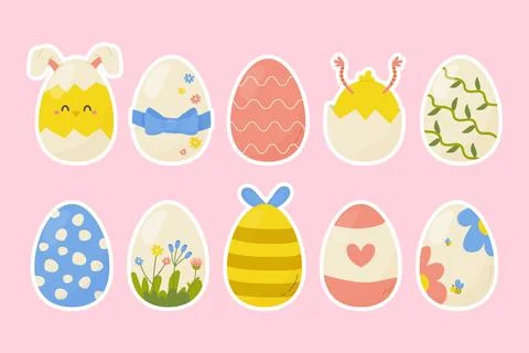 Stickers spring easter eggs on pink background with stroke. vector illustrati Stock Illustration
