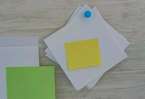 Stickers for study and office notes on a white wooden background copy space Foto stock