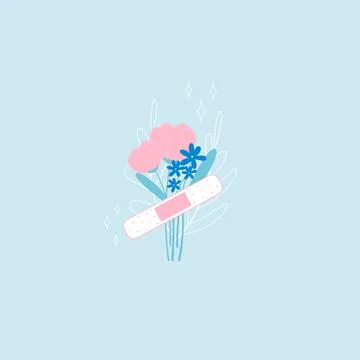 Sticking plaster with flowers on blue background, adhesive bandage with wildf Stock Illustration