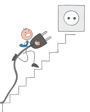Stickman businessman carries the plug to the socket at the top of the stairs, イラスト素材
