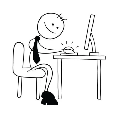 Stickman businessman character working at the computer and happy, vector cart Stock Illustration