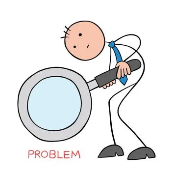Stickman businessman examines small problem word with magnifying glass, hand  イラスト素材