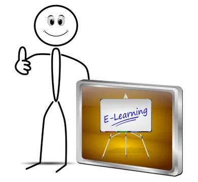 Stickman with E-Learning Button Stock Illustration