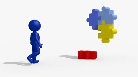 Stickman Takes The Missing Puzzle And Fits The Missing Jigsaw Puzzle Piece Stock-Footage 61886017