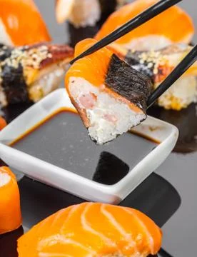 Sticks keep roll with salmon Stock Photos