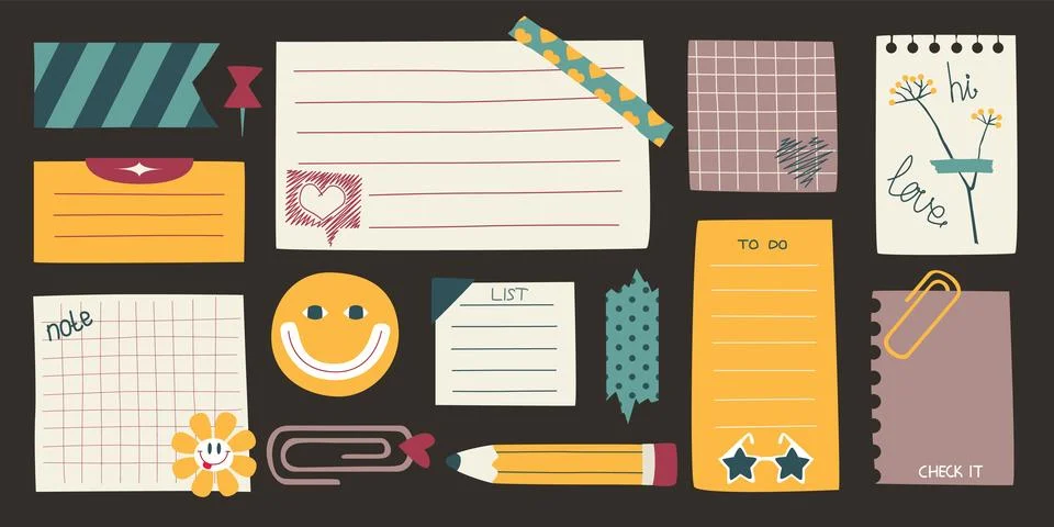 Sticky doodle notes, vector hand drawn bullet journal elements Stock Illustration