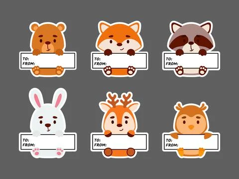 Sticky labels set of bear, fox, hare, raccoon, deer, owl. Cute cartoon animal Stock Illustration