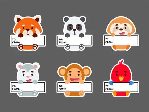 Sticky labels set of panda, sloth, red panda, opossum, monkey, parrot. Cute c 库存插图