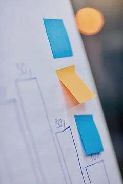 Sticky note, data and board with chart, business or planning in office with Stock Photos
