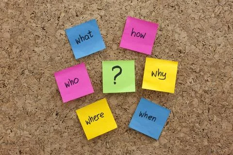 Sticky note mind map with questions on a cork board a simple mind map with... Stock Photos