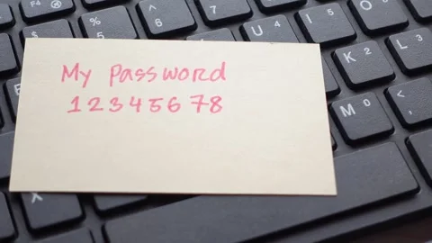 Sticky note with password written on keyboard keys, digital security concep.. Vídeos de archivo 332623668