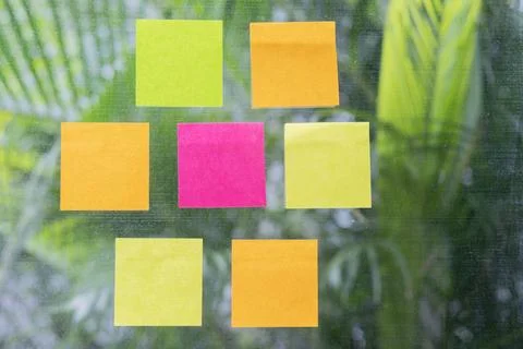 Sticky note post it glass wall board office. Business people meeting at off.. Stock Photos