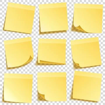 Sticky note with shadow isolated on transparent background set. Yellow paper Illustrazione stock