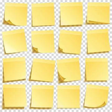 Sticky note with shadow isolated on transparent background set. Yellow paper Illustrazione stock