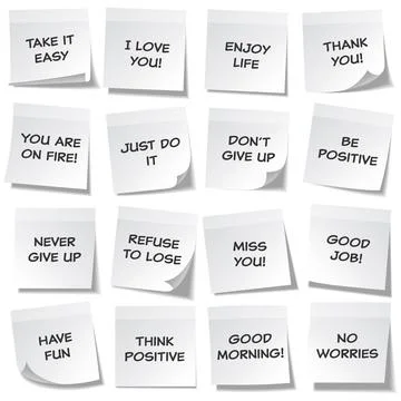 Sticky note with text and shadow isolated on transparent background set. White Illustrazione stock