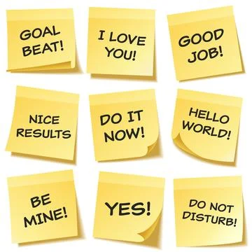 Sticky note with text and shadow isolated on transparent background set. Yellow Stock Illustration