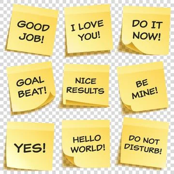 Sticky note with text and shadow isolated on transparent background set. Yellow Stock Illustration
