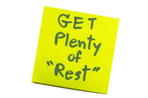 Sticky note with text "get plenty of rest" Stock Photos