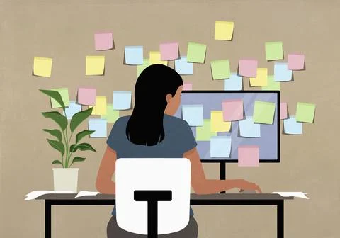 Sticky notes covering computer and wall in front of businesswoman working at Stock Illustration