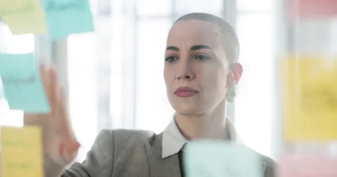 Sticky notes, creative and business woman by glass for thinking, story ideas and Stock Footage 318228172