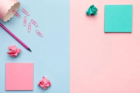 Sticky Notes with Crumbled Paper Balls on Pastel Background Stock Photos