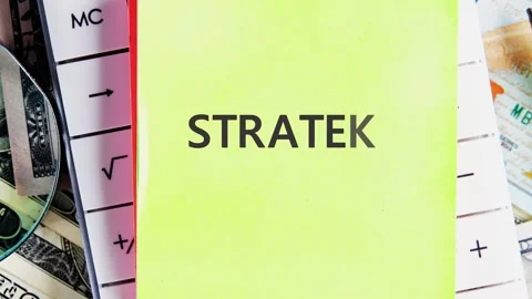 Sticky notes display the word strategy as it develops. The setting includes Stock Footage 341253432