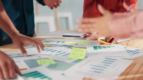 Sticky notes, hands or business people in meeting with graphs and charts data Stock Footage 294831744