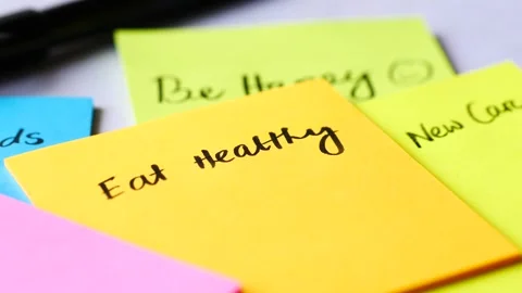 Sticky notes with handwritten goals and resolutions for new life changes an.. Stock Footage 332879600